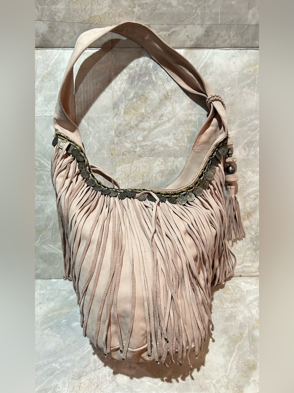 Soft Blush Pink Fringe Shoulder Bag with Coin Trim